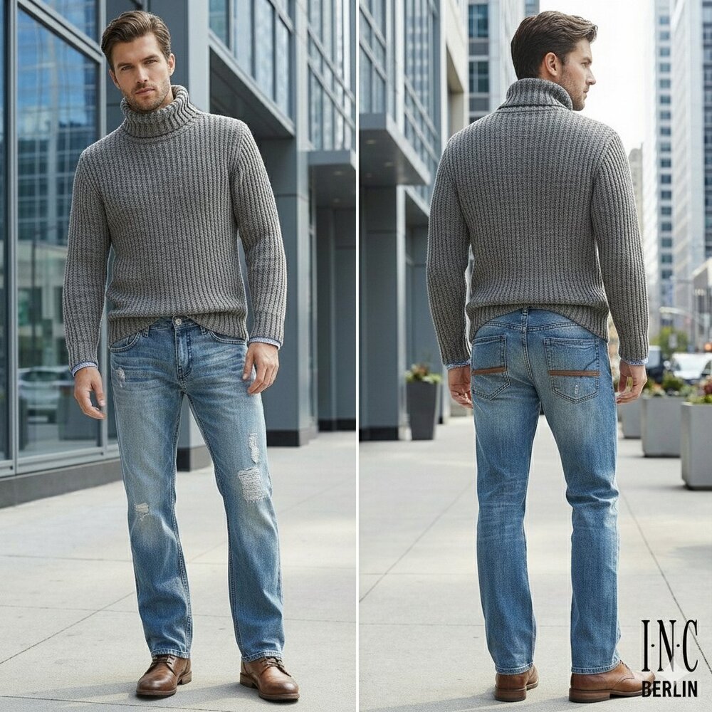 INC Berlin Men 30x30 Blue Jean 5-Pocket 100% Cotton Patched Washed Wide Leg Embr